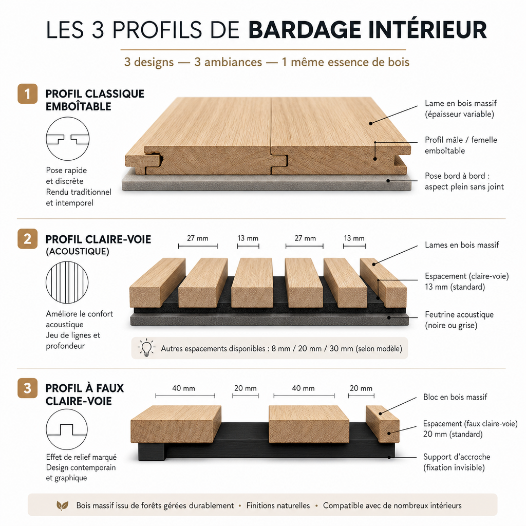 Infographie des différents profils de bardage bois : claire-voie, classique et texturé