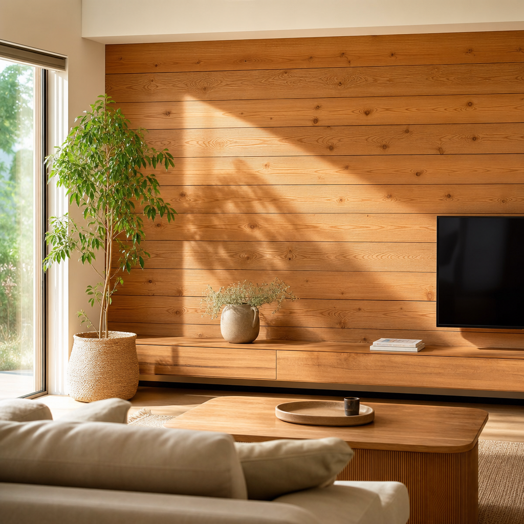 Mur d'accent en bardage bois douglas dans un salon moderne