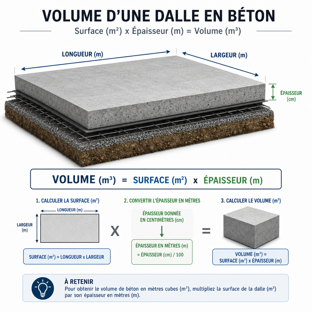 Infographie illustrant la formule de calcul du volume de béton pour une dalle
