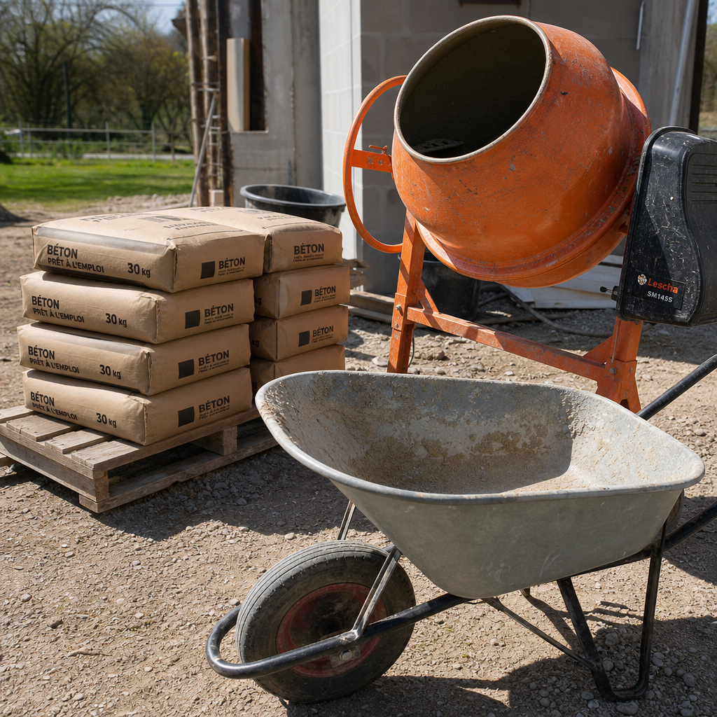 Sacs de béton prêt à l'emploi stockés sur un chantier près d'une bétonnière