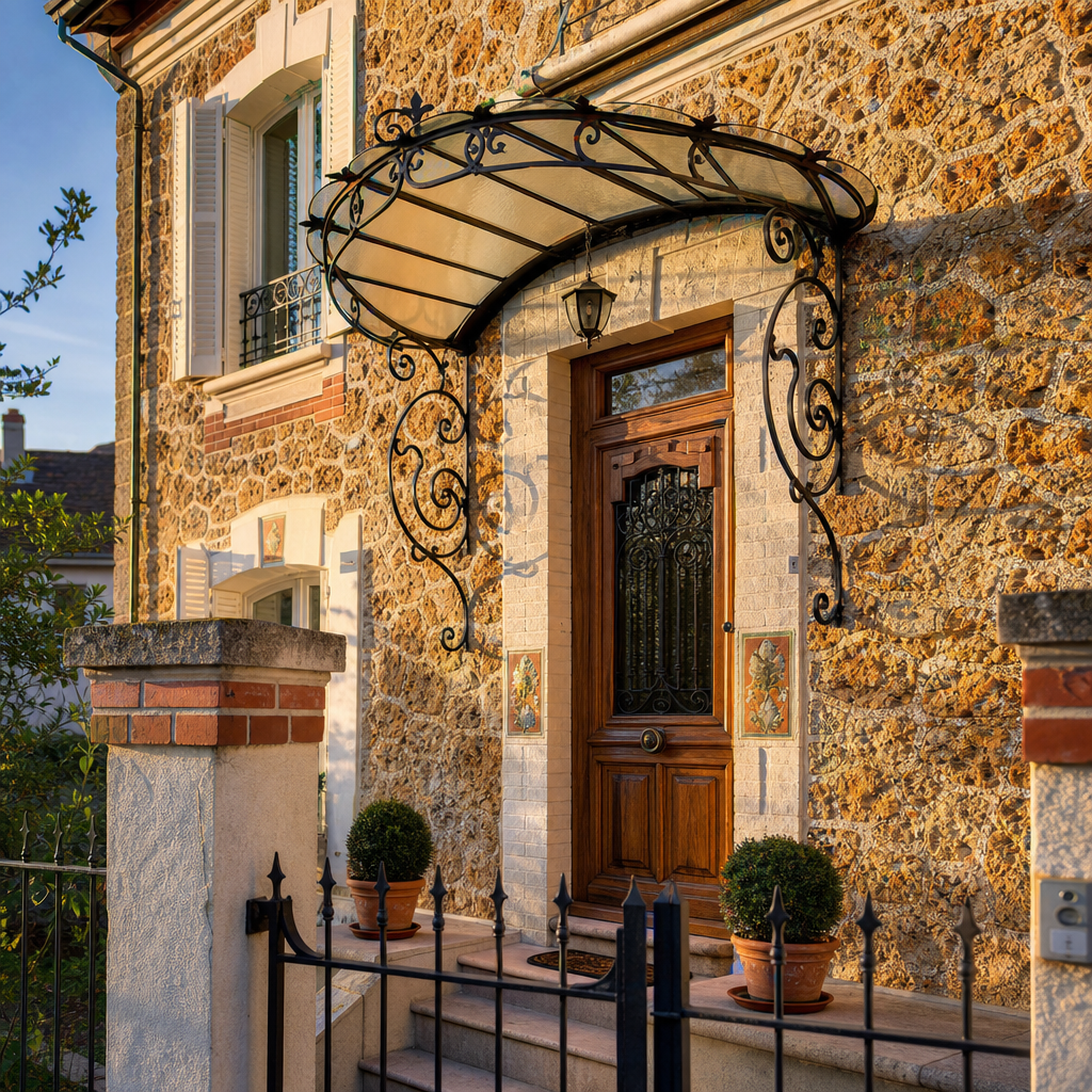 Détail architectural d'une façade de maison en pierre meulière avec rocaillage et marquise en fer forgé.