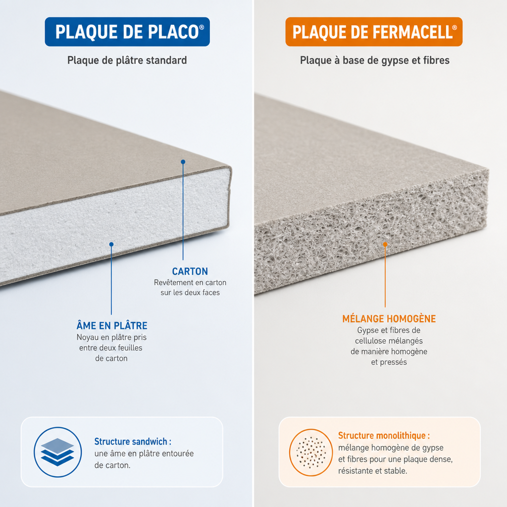 Infographie comparative de la composition interne d'une plaque de placo BA13 et d'une plaque de Fermacell