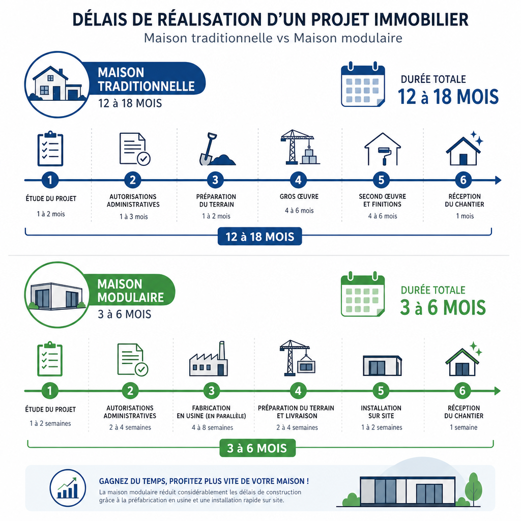 Infographie comparant les délais de construction d'une maison modulaire face au bâti traditionnel