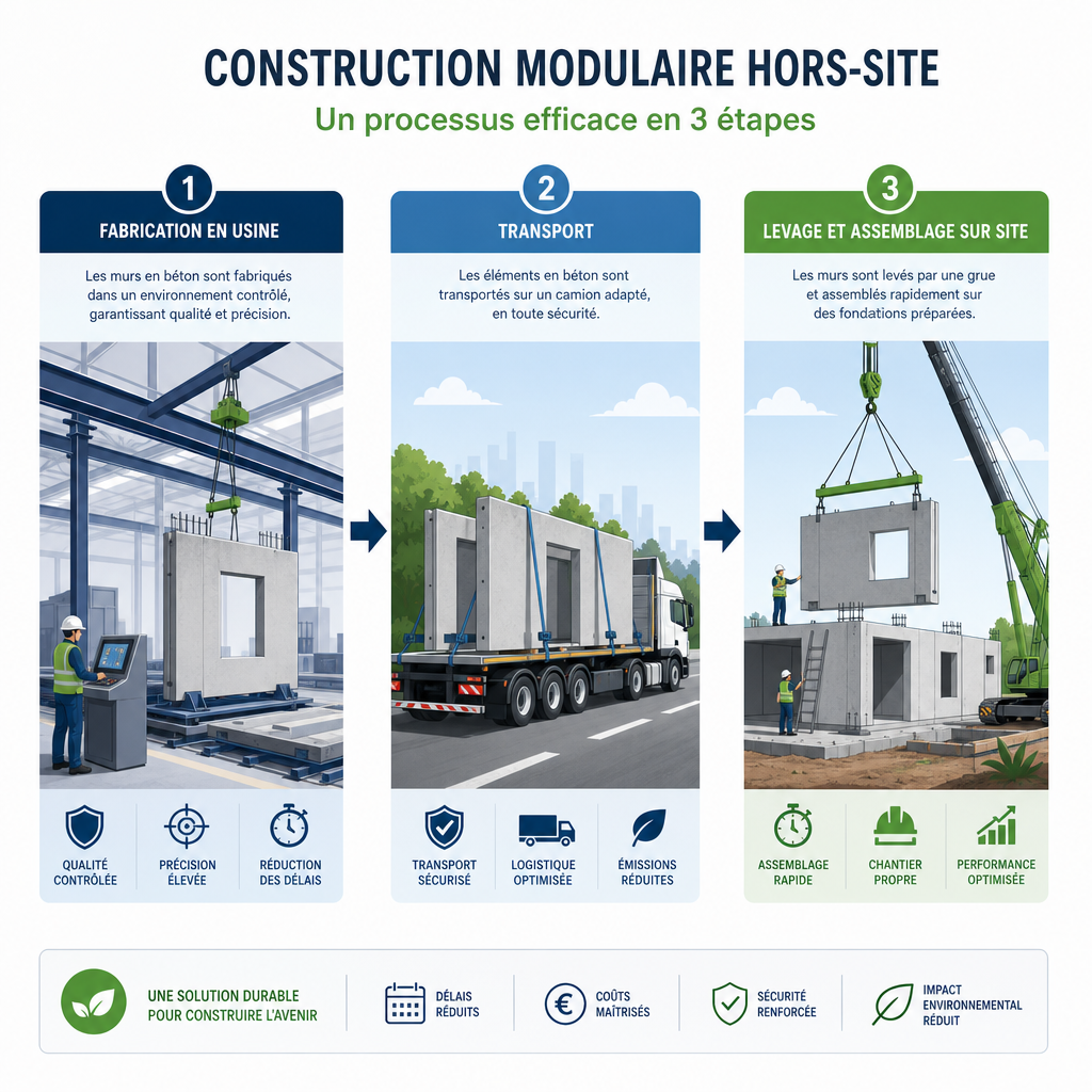 Infographie expliquant les étapes de construction d'une maison préfabriquée : usine, transport et montage sur site.