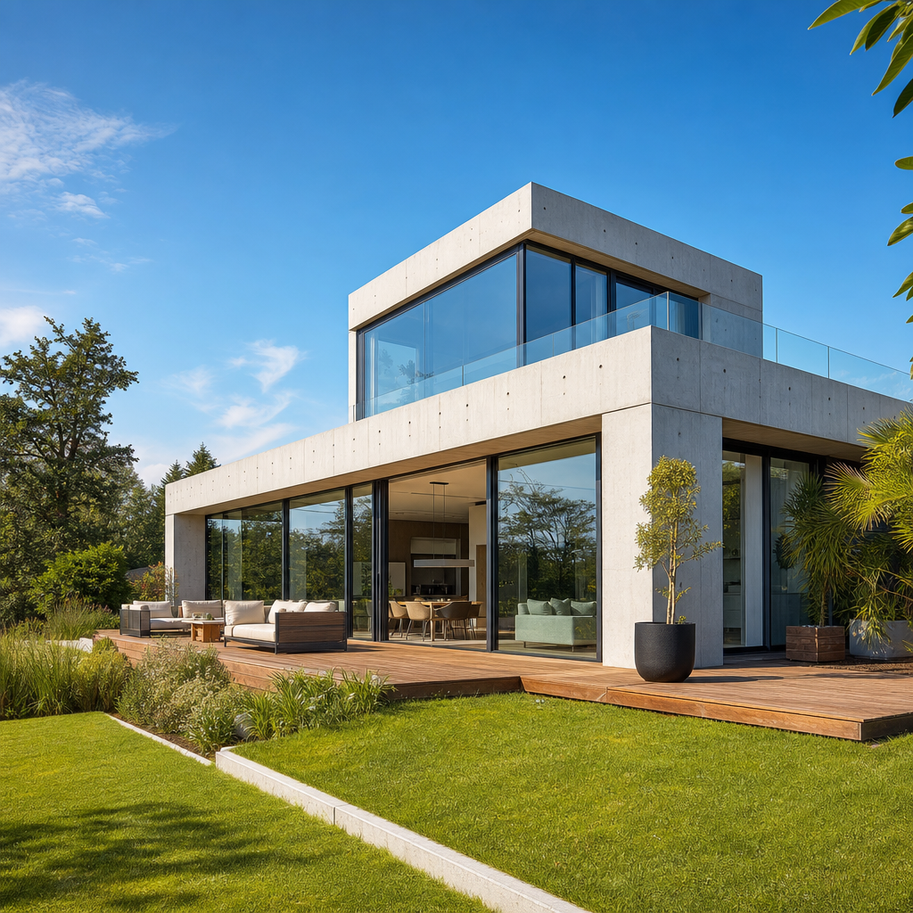 Maison contemporaine à toit plat en béton préfabriqué avec grandes baies vitrées et terrasse.