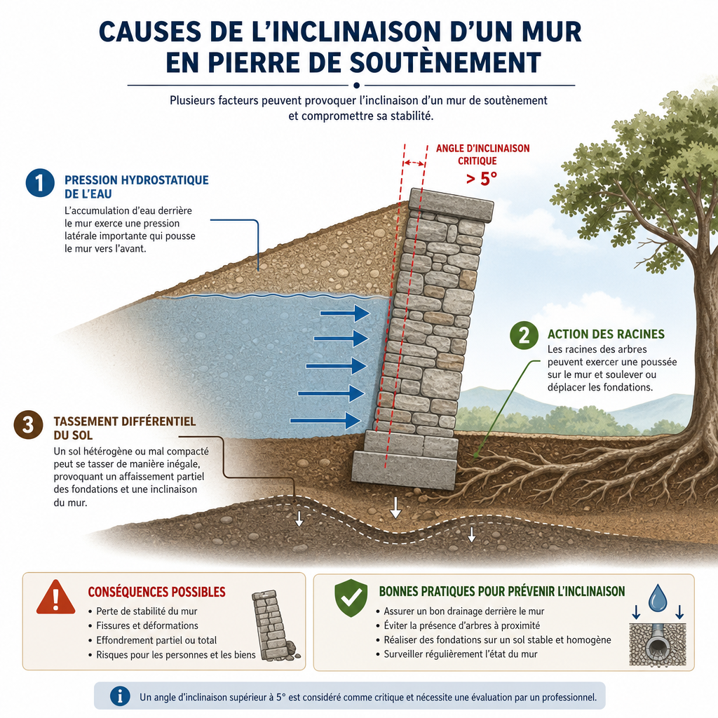 Schéma explicatif des causes d'inclinaison d'un mur en pierre : pression hydrostatique, racines et affaissement.
