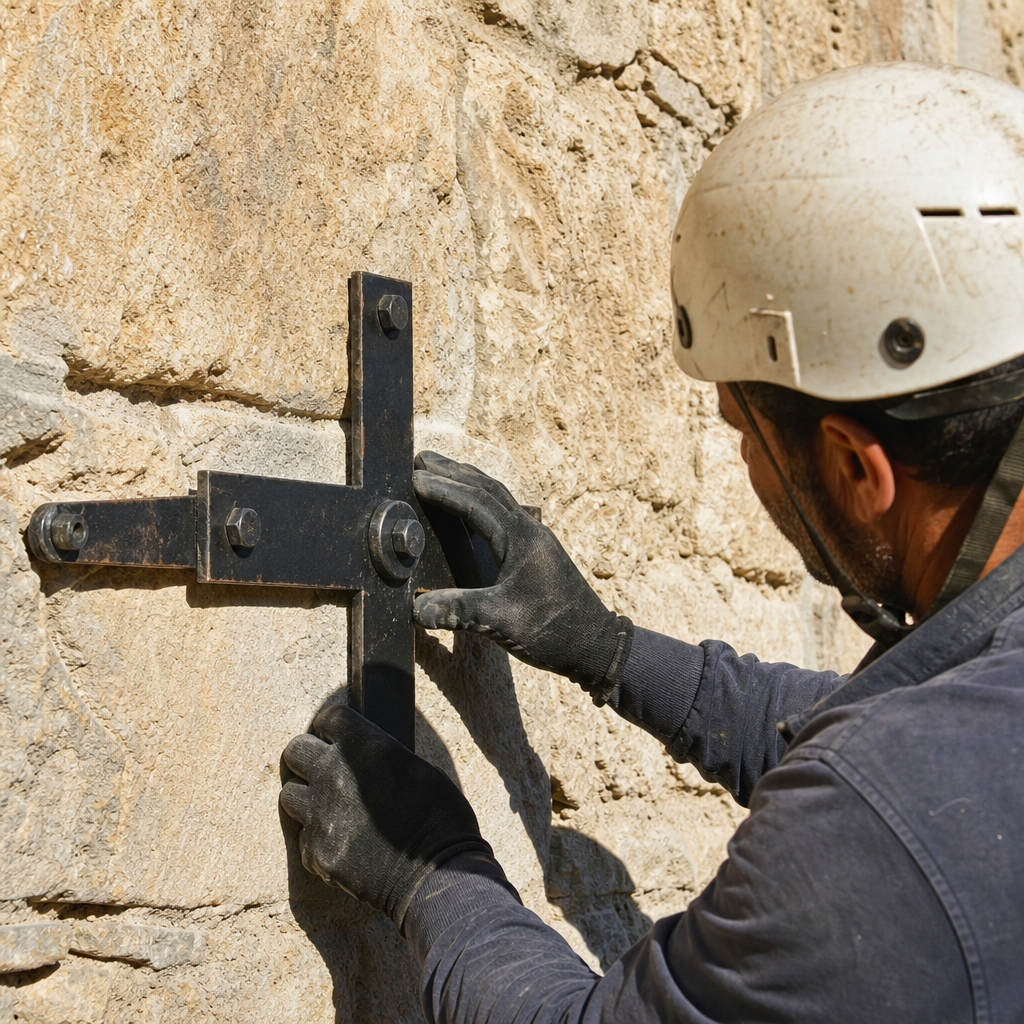 Maçon professionnel installant un tirant métallique pour redresser et consolider un ancien mur en pierre.