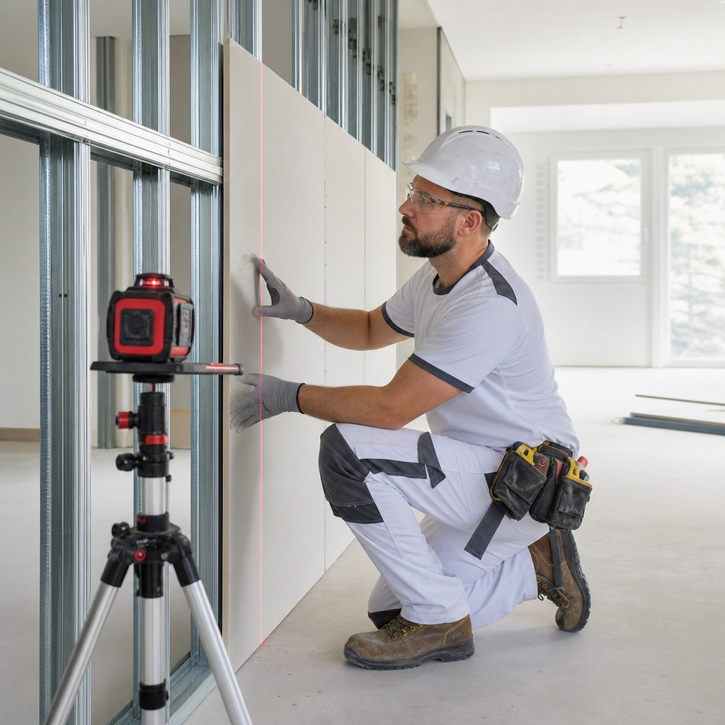 Plaquiste professionnel utilisant un niveau laser pour poser une cloison en plaques de plâtre sur ossature métallique.