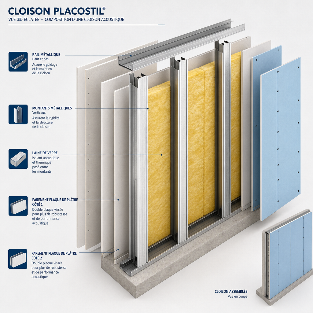 Schéma 3D éclaté détaillant la composition technique et l'ossature métallique d'une cloison Placostil avec isolant.