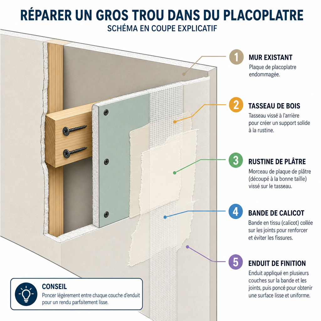 Schéma technique de la pose d'une rustine en plâtre avec tasseau de renfort