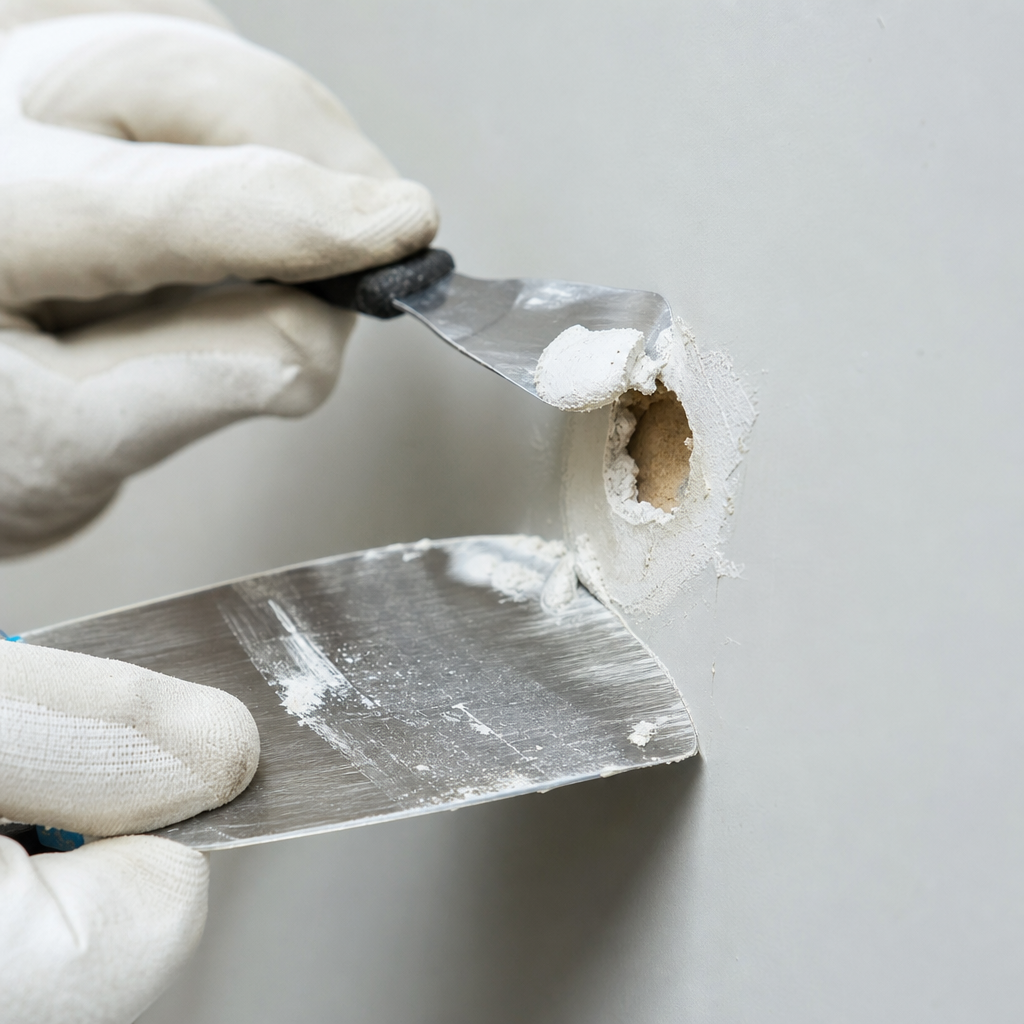 Bricoleur appliquant de l'enduit de rebouchage avec un couteau à enduire sur un mur