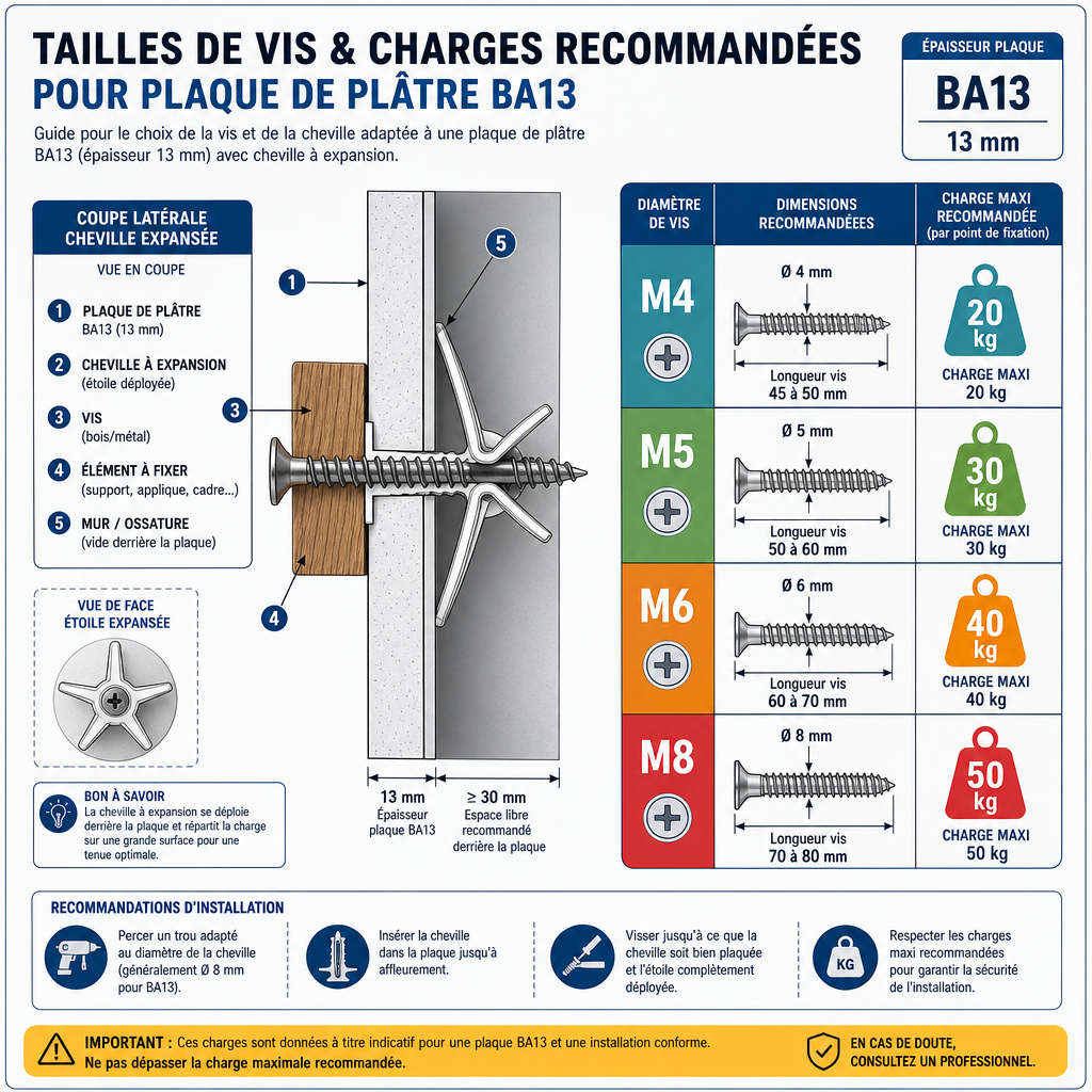 Infographie technique des dimensions et capacités de charge d'une cheville Molly sur mur en placo BA13