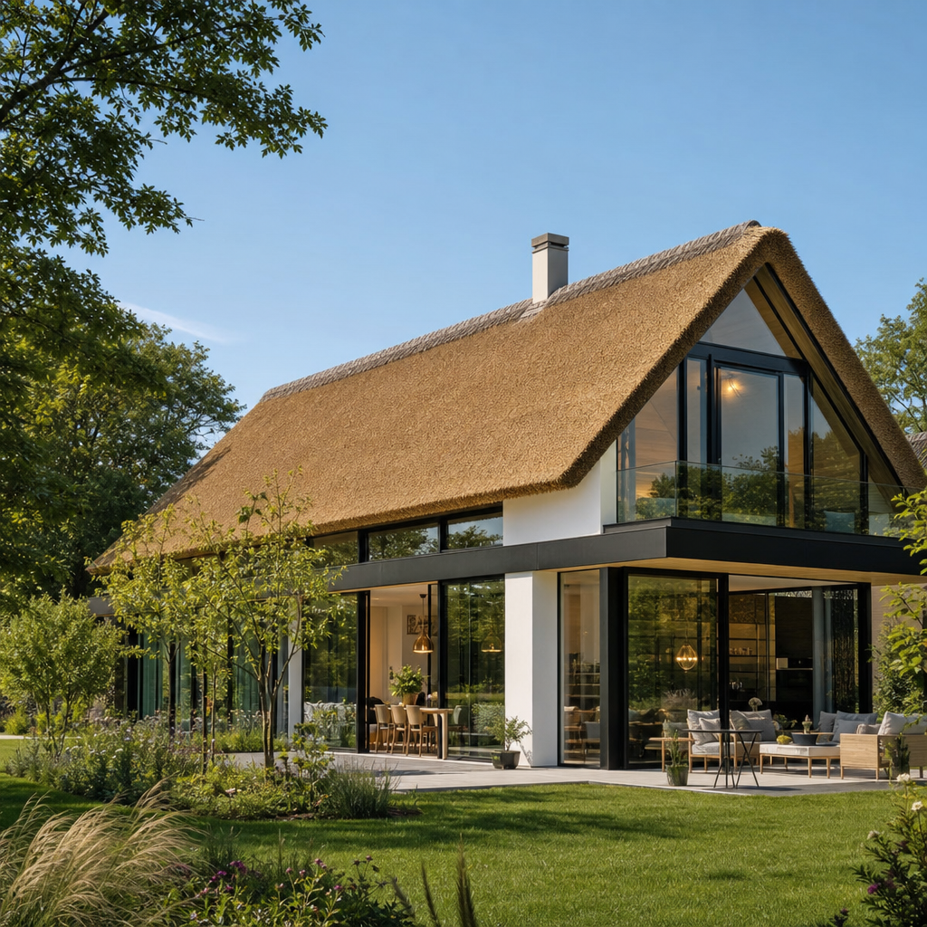 Maison moderne écologique avec toit de chaume et baies vitrées